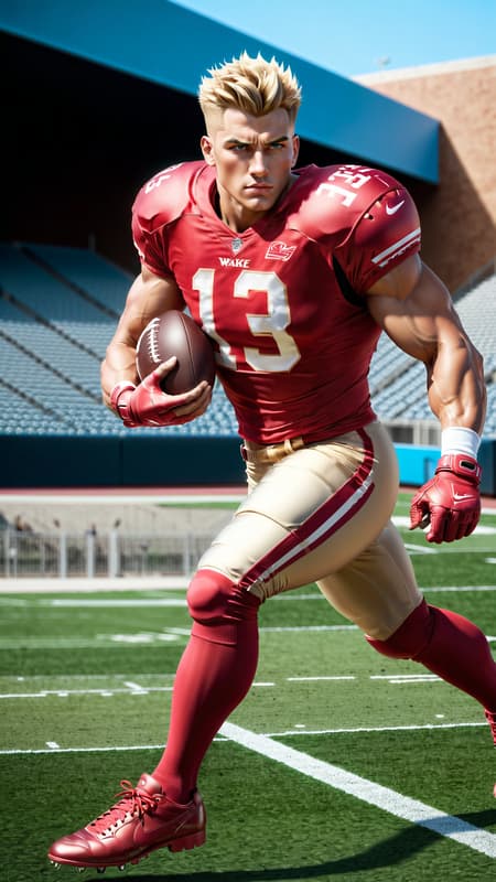 Super-hero, football Player, sports figure, college football. Hypermasculine male, Caucasian white male, young man (about 18 thru 21). Tall, muscular, sinewy, athletic, fit, wide bach and shoulders, broad chest, narrow waist, big thighs and calves. Super fast, can outrun a car, leaves a trail of wind in his wake. Unstoppable, can plow through his opponents on the football field. Handsome, rugged good looks. Light golden blonde very short hair, flat top hairstyle, close on sides and straight spiky on top. Deep set aqua-blue eyes, strong brow and chin, mild soul patch on face. Cleft in chin, cute dimples on face. Black strips under his eyes to reduce glare. Bare chest, shirtless, sweat running down his chest and legs after a hard practice. Black shoulder pads, elbow pads and knee pads on the outside of his body. Bright red (((red))) shiny football shorts stretched over his bulging crotch, revealing strong powerful thighs and legs. Black cleated football shoes. Usually running, a need for speed. Full body pose. 