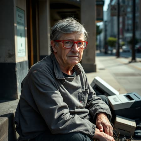 Bill Gates sitting on a city sidewalk, appearing as a destitute figure with disheveled, graying hair and thick red glasses held together with tape. He wears an ensemble of shabby, tattered clothing, the fabric dirt-streaked and riddled with holes that expose patches of his skin. Sunlight streams down, casting sharp shadows and illuminating a small heap of obsolete computer equipment and broken printers beside him, relics of past innovations now gathering dust. His surroundings are captured in a striking photograph with a Canon EOS Rebel SL2, featuring a detail-rich, close-up portrait with an EF100mm f/2.8L Macro IS USM lens, shot at ƒ/2.8, 100.0 mm, 1/1000 shutter speed, and ISO 100, encapsulating a poignant juxtaposition of a tech titan amid fallen technology.