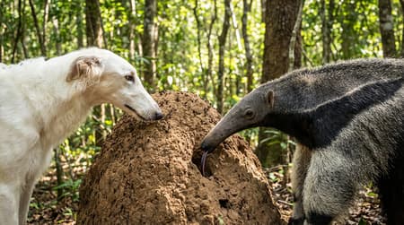Photorealistic close-up shot of a white Borzoi dog and a giant anteater interacting with a termite mound in a forest. The Borzoi's long snout is near the mound, while the anteater's long tongue extends into it, feeding on ants. The lighting is natural and bright, creating a warm, sunny mood. Earthy tones dominate, with rich browns of the soil and termite mound, the white fur of the dog, and the grey and black fur of the anteater. The background is softly blurred, showing dappled sunlight through trees. Clear focus on the animals and the termite mound, showcasing intricate details of their fur and the mound's texture, with ants visible on the mound.
