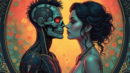Male figure in side profile with a cyberpunk body and a cyborg skull, intricately framed like a tarot card, styled in Art Nouveau with detailed embellishments. Vibrant hues and high definition bring the concept art to life, blending digital artistry with a hint of synthwave aesthetic, alongside a female figure embodying the same style, presenting an elaborate and detailed scene.