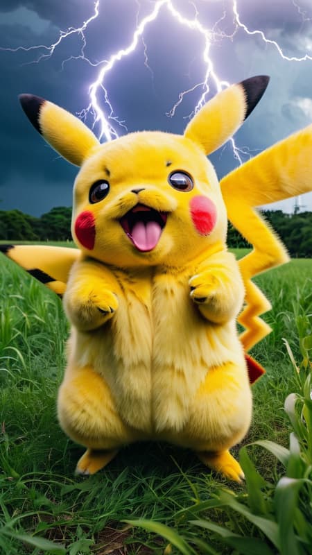 high quality art , taken with a professional grade camera with exquisite color grading , full body , massive pikachu , happy face ,mouth , tongue , fangs , pokemon , grass around , real , photoreal , strong legs and hands , fluffy , 35mm , lightnings and thunder around , (tries to hug:1.2) , large claws on hands, electric aura around