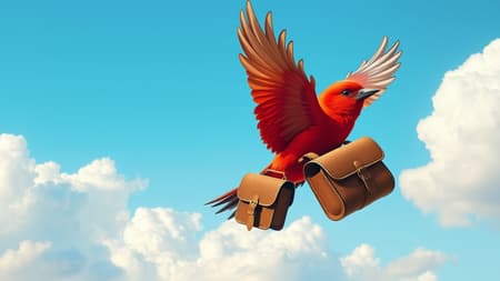 A logo for a travel website featuring a red bird with silver-tipped wings grasping a vintage leather satchel, set against a backdrop of a pastel blue sky adorned with fluffy, delicate clouds. The design is intricately detailed, reminiscent of the charming illustrations by Beatrix Potter, with a cottagecore aesthetic that evokes warmth and nostalgia. Rendered in ultra-high definition, the scene captures a dynamic 45-degree angle, emphasizing the bird's graceful movement as it soars.