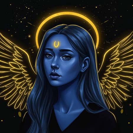 A blue-skinned girl with a radiant gold angel halo, illustrated in a neon realism style, embodying a darkly romantic aesthetic. The color palette blends dark whites and hints of yellow, with solarpunk influences. Her beauty is almost unbelievable, presented in a simplistic cartoon manner with a brooding, introspective mood.