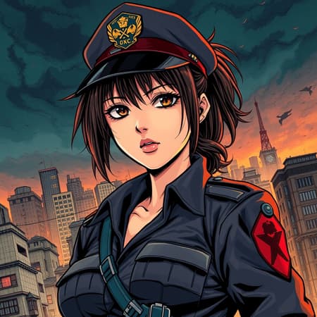 Powerful female officer, dystopian Japanese city background, dark, stormy sky, manga style, highly detailed, intricate line work, cell shading, comic book aesthetic, graphic novel tone, digital painting, vibrant color illustration, inspired by Masamune Shirow, character illustration akin to Hajime Shimomura, cinematic aspect ratio.