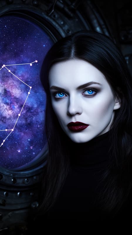 Photorealistic portrait of a striking woman with pale skin, intense blue eyes, and long dark hair, wearing a black turtleneck. She has dark red lipstick and a serious expression. The composition is a medium shot, slightly off-center to the right, with a dark, metallic spaceship porthole visible on the left, framing a vibrant starry night sky with nebulae and a distinct constellation outline. The lighting is dramatic and moody, with highlights on her face and a subtle glow from the background galaxy. Colors are dominated by deep blues and purples in the background, contrasting with her pale skin, dark hair, and bright blue eyes. The atmosphere is mysterious and cosmic.