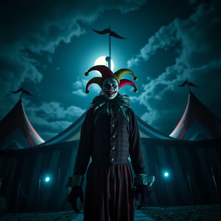 A sinister jester stands ominously before the looming circus tent under the moonlit sky, captured in high-resolution with masterful photography; the scene is framed from an imaginative cinematic angle, with dramatic backlighting casting eerie shadows that dance across the clown's painted face and vibrant attire, enhancing the unsettling atmosphere of the night. A sinister jester stands ominously before the looming circus tent under the moonlit sky, captured in high-resolution with masterful photography; the scene is framed from an imaginative cinematic angle, with dramatic backlighting casting eerie shadows that dance across the clown's painted face and vibrant attire, enhancing the unsettling atmosphere of the night.
