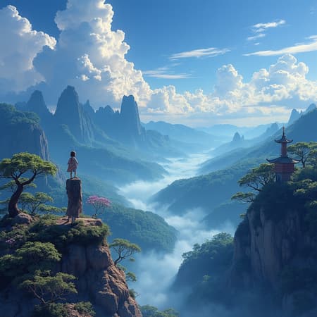 Sweeping Vista Japanese Art Sweeping vista of a majestic Japanese landscape, captured in Kingdom Hearts-inspired ink art, with striking contrasts and dramatic shadows, rendered in ultra-high-definition for a breathtaking 8k resolution -- wide aspect ratio of 3:2. Gently incorporate elements of mysticism and timeless beauty, blending traditional and fantastical themes for a captivating visual journey.