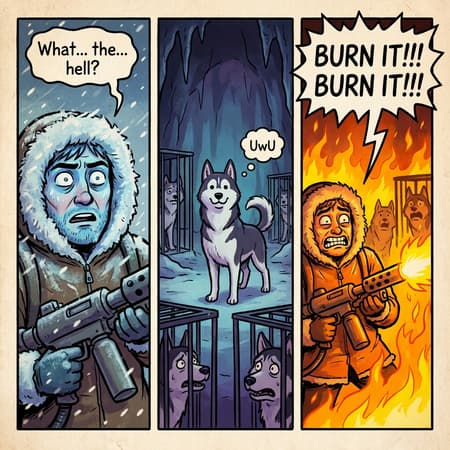 Comic Man Fights Uwu Husky Comic book style panel, a man in a parka with a flamethrower, shocked expression, speech bubble "What... the... hell?", cold blueish skin. Second panel: a bipedal husky dog with an "UwU" speech bubble, surrounded by scared huskies in cages, dark, icy environment. Third panel: the man with a flamethrower firing intensely, terrified expression, speech bubble "BURN IT!!! BURN IT!!!", bright orange flames illuminating the scene, scared huskies in the background. Dramatic lighting, cool and warm tones, expressive cartoon art.