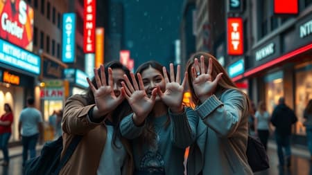 Cinematic Image Women Art Cinematic image of three women standing close together on a bustling city street, their hands raised playfully towards the lens, vibrant streetlights reflecting off raindrops in the background, creating a sense of lively camaraderie and urban energy.