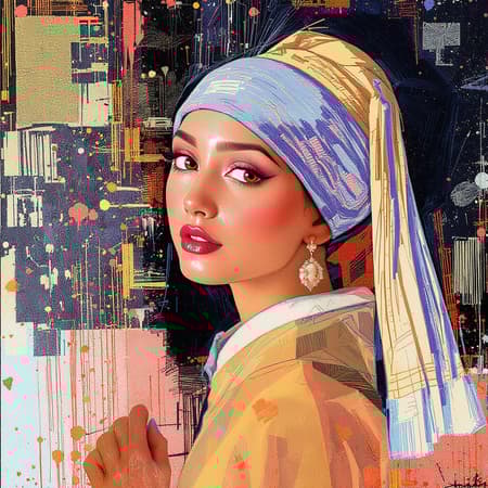A vibrant digital painting of a woman adorned with a graceful headscarf, her expression serene and introspective. The art captures the essence of Rossdraws' dynamic style, blending seamlessly with Artgerm's attention to detail and Atey Ghailan's emotional depth. The portrait showcases the bold colors and fluid lines reminiscent of Lois van Baarle, integrating the evolution of Rossdraws from version 1.0 to 2.5. The composition balances a cartoon-like vibrancy with a refined elegance, emphasizing the woman's eyes, which convey a sense of wisdom and mystery. Her scarf flows gently, reflecting a fusion of cultural richness and modern digital artistry.