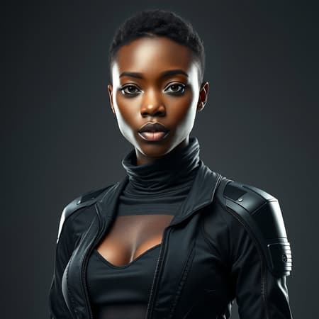 A confident black woman standing poised in a sleek techwear outfit, her expression focused and poised. The ultra-realistic depiction highlights the intricacies of her attire, featuring layered textures and futuristic elements. Her outfit is a blend of dark tones and subtle metallic accents, perfectly complementing her radiant skin. Studio lighting enhances the rich details of her clothing and the soft gleam in her eyes, creating an alluring contrast. Her short, natural hairstyle adds a touch of elegance and individuality to her look.