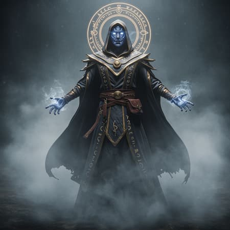 Character Design A hyper-realistic character design of a Void Arcanist, enveloped in swirling mist and embodied with an ethereal aura. The scene is rendered in photorealistic detail using Octane Render and Unreal Engine, with an emphasis on hyper-detailed textures. The character exudes an enigmatic presence, their attire interwoven with mystical symbols, and their eyes glowing with arcane energy. Volumetric lighting and high dynamic range illuminate the scene, casting dramatic shadows and highlighting the intricate patterns in their flowing robes. The atmospheric mist enhances the mysterious ambiance, captured in a cinematic 9:16 aspect ratio.