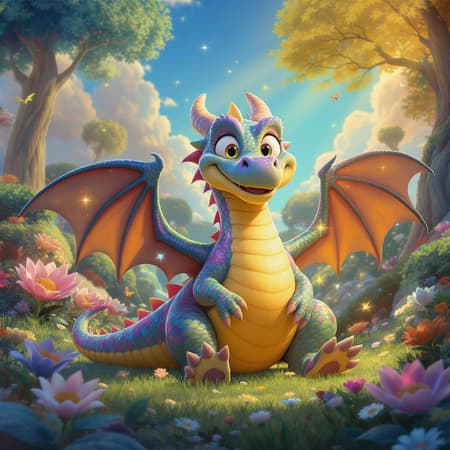 Cartoon Scene Showcases Artwork A vibrant 3D cartoon scene showcases a cheerful Pixar-style dragon basking in radiant sunlight, its scales gleaming with a kaleidoscope of colors. The setting is a fantastical landscape filled with lush greenery and whimsical, oversized flowers. The dragon's playful eyes sparkle with mischief as it interacts with tiny, lively creatures that flutter around. The atmosphere is cinematic, capturing a sense of wonder and adventure, with clouds casting dynamic shadows over the landscape, adding depth and movement to the scene.