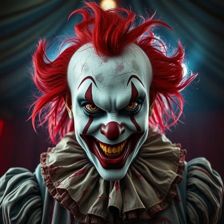 A hyper-detailed masterpiece photograph of a sinister clown with a malevolently twisted spirit, its piercing eyes glinting with malevolent intent. The clown's white face paint is cracked and peeling, revealing patches of shadowy darkness underneath, while its vivid red hair cascades wildly. The sinister smirk on its lips hints at hidden horrors, and the faint glow of hellfire flickers behind its eyes. Its tattered, once-colorful costume exudes an eerie aura, with blood-red stains accentuating its ominous presence. Set against a backdrop of a dimly lit circus tent, where an atmosphere of dread hangs heavily in the air, creating a chilling masterpiece of evil personified. A hyper-detailed masterpiece photograph of a sinister clown with a malevolently twisted spirit, its piercing eyes glinting with malevolent intent. The clown's white face paint is cracked and peeling, revealing patches of shadowy darkness underneath, while its vivid red hair cascades wildly. The sinister smirk on its lips hints at hidden horrors, and the faint glow of hellfire flickers behind its eyes. Its tattered, once-colorful costume exudes an eerie aura, with blood-red stains accentuating its ominous presence. Set against a backdrop of a dimly lit circus tent, where an atmosphere of dread hangs heavily in the air, creating a chilling masterpiece of evil personified.
