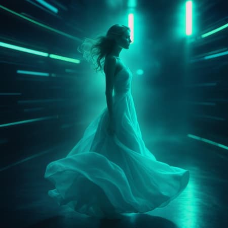 AI Features Blue Design The scene features a woman in a flowing blue dress, designed in the vibrant style of neon and fluorescent light. Crafted with undulating lines and a shallow depth of field, the image captures a 3D effect reminiscent of Nicolas Delort's distinctive style. Dominated by light silver and turquoise hues, it evokes the crisp quality of a Fujifilm X-T4 paired with a Sony FE 85mm f/1.4 GM lens. The aspect ratio is unique and elongated, enhancing the raw, dynamic quality of the composition with subtle artistic modifications that maintain the core essence.