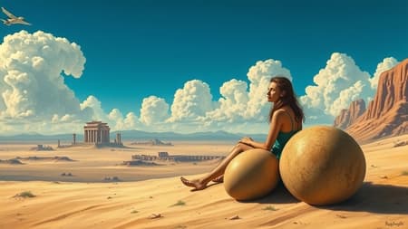 A detailed illustration inspired by the styles of Alphonse Mucha and Moebius, resembling a highly detailed oil painting portrait in the style of John Singer Sargent. The scene depicts a wistful figure seated in a vast desert, accompanied by two large dinosaur eggs resting beside them. The background features a surreal alien planet landscape under a vibrant blue sky. In the distance, ruins of an ancient civilization can be seen, partially obscured by swirling, ethereal clouds. The composition captures a sense of solitude and mystery, with subtle hints of a forgotten world.