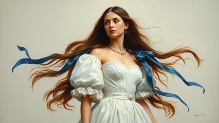 Oil painting portrait of Queen Aprilia, depicted in a full-body pose as her long hair cascades in the breeze, adorned with a flowing blue ribbon draping across her shoulder. She wears an elegant white gown characterized by intricately detailed puffy sleeves and a cinched sash. The artwork captures the finesse of Jean-Léon Gérôme’s classic approach combined with the luminous brushwork reminiscent of John Singer Sargent. Stately and vibrant, the setting exudes a sense of timeless grace and dignified poise.