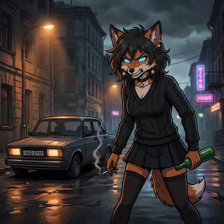 Angry Anthropomorphic Fox Woman In Dark Alley Full body portrait of an angry anthropomorphic fox woman, standing in a dimly lit street at night. She has dark, messy shoulder-length hair and blue eyes, wearing a black cable-knit v-neck sweater, a short black pleated skirt, and black thigh-high stockings. She holds a lit cigarette in her left hand, emitting smoke, and a green bottle in her right. Gold star earrings and a star choker necklace. A dark gray car (VAZ-2110) is parked behind her to the left. Anime art style with thick outlines and cell shading. Dark, moody atmosphere with warm street light glows in the background. Dominant colors are black, dark gray, and shades of orange/brown for the fox fur.