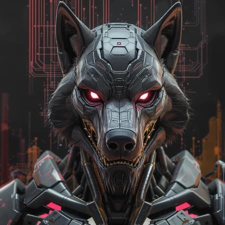 Wolf nousr robot character design highly detailed face intricate details symmetrical digital 3d hard surface real-time vfx trending artstation ultra hd hdr asymmetrical elements with holes mouth partially out of frame intentionally skewed proportions abstract signature blurred areas distorted components unique creative flair unexpected texture variations dynamic composition bold visual contrasts experimental visual elements.