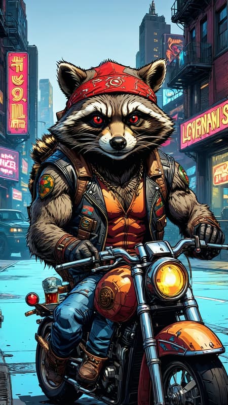 He is a mutant human-sized raccoon. He rides a motorcycle, a bright and shiny cruiser. He wears a leather vest, a gold chain around his neck, and a red bandana tied around his head. He also wears specially designed jeans that allow his bushy tail to move freely behind him, along with biker boots made just for his feet. The outfit is complete with fingerless biker gloves. His voice is gravelly and he speaks with a New York accent. He's a surly and sarcastic, but a really good guy, a friend and hero when in need. He lives in a hidden part of the city, his apartment has a cool 80s vibe with neon lights and 80s retro art. He lives quite comfortably for a raccoon, there's always pizza and beer at his place.  He lives in the Teen-age Mutant Ninja Turtle universe.  Don't call him "trash panda", he totally hates that. 