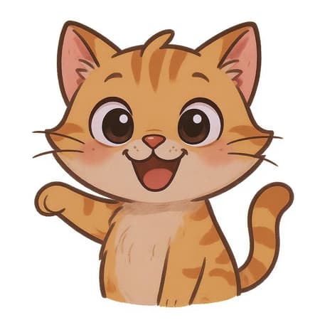 Adorable cartoon cat joyfully posing for a picture, its big eyes sparkling with mischief.