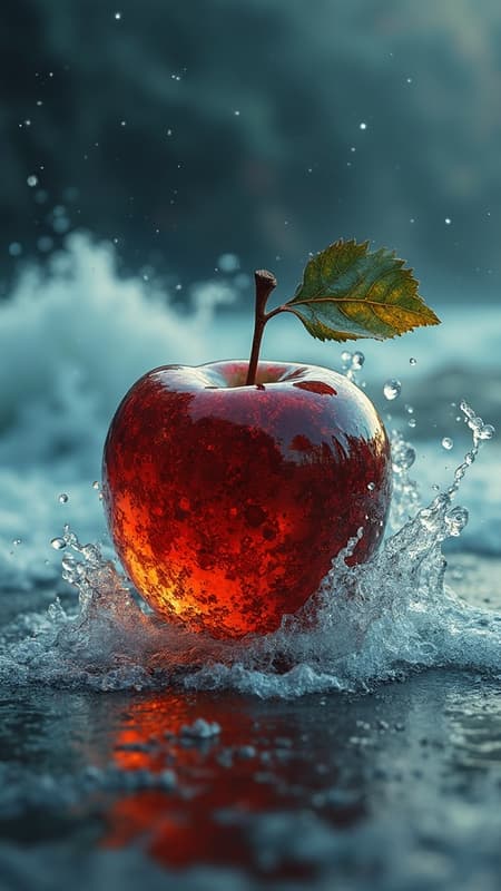 A captivating double exposure image blending a stormy sea with a glass apple, where the tumultuous waves form the backdrop, their details elegantly infused into the glossy surface of the glass apple. The apple is sharply focused and exhibits intricate design, appearing lifeless with earthy colors that convey decadence. Rendered in hyper-realistic detail, the dark softbox setting enhances the cinematic quality, with raytracing and HDR effects adding depth and dimension to create a photorealistic portrayal.