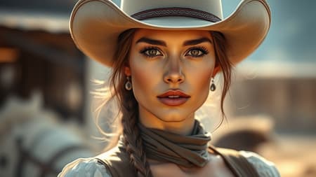 Professional portrait of a stunning rancher girl, beautiful and symmetrical features, radiant with minimal makeup, dressed in authentic western attire, striking a confident and graceful pose, exuding elegance and femininity, set in a wild west backdrop, ultra-realistic character concept art, highly detailed and intricate, captured with an 85mm lens in a medium mid shot, enhanced with atmospheric volumetric mist, ethereal and dreamy ambiance, trending on Instagram and Tumblr, presented in HDR 4k and 8k resolution.