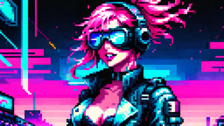 (swat man), (pixel art), detailed, torso, gloves, mask, goggles, action pose, trench coat, pink, surreal, strange, (full body sexy gamer girl with pink hair photo), vaporwave neon theme, woman, portrait, smile, laugh, open mouth, (upper body, bust shot, looking away:1.1), neon hair