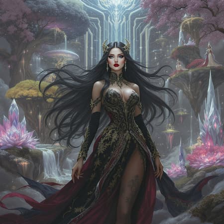An elegant fantasy portrayal of a regal woman with flowing black hair, reminiscent of a Game of Thrones queen, enhanced by bold red lipstick. Set in a deeply intricate and highly detailed digital painting style akin to art from Artgerm, Greg Rutkowski, and Alphonse Mucha. The artwork showcases a richly adorned and graceful figure amidst a vibrant and complex scene, highlighting multiple characters and a surreal, otherworldly setting. The focus is sharp, with stunning 8k resolution, capturing the ethereal beauty and intricate designs of the scene, merging elements of myth and imagination with a hint of the extraordinary and bizarre.