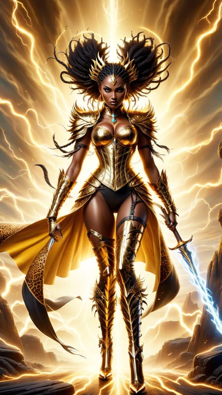 super-hero. female, African woman. Tall, slim but strong and curvy, sinewy. Athletic, warrior, fighter. Beautiful face, high cheekbones, dark brown skin, smooth and luxurious. Large, dark eyes, black and liquid. Long black braids that are usually tied back with a golden cord/hair holder. She wears a golden sandy colored bodysuit, the sides cut out of the legs and arms and laced with golden straps. Around her waist is a metallic gold corset and belt, along with small shoulder guards of the same color. There are metallic gold bracers on her arms and a gold metal circlet around her head. Over her shoulder is a short yellow-gold cape with a cheetah print. Her knee-high boots are also yellow-gold with cheetah print. Her boots have very low heels and are made for running across the Serengeti Plains. She runs as fast as a cheetah. She carries a strong, wooden bo staff as a weapon. She carries herself like the African princess that she is, but she is free spirited. Full body pose, fighting stance with bo staff. super-hero. female, African woman. Tall, slim but strong and curvy, sinewy. Athletic, warrior, fighter. Beautiful face, high cheekbones, dark brown skin, smooth and luxurious. Large, dark eyes, black and liquid. Long black braids that are usually tied back with a golden cord/hair holder. She wears a golden sandy colored bodysuit, the sides cut out of the legs and arms and laced with golden straps. Around her waist is a metallic gold corset and belt, along with small shoulder guards of the same color. There are metallic gold bracers on her arms and a gold metal circlet around her head. Over her shoulder is a short yellow-gold cape with a cheetah print. Her knee-high boots are also yellow-gold with cheetah print. Her boots have very low heels and are made for running across the Serengeti Plains. She runs as fast as a cheetah. She carries a strong, wooden bo staff as a weapon. She carries herself like the African princess that she is, but she is free spirited. Full body pose, fighting stance with bo staff.