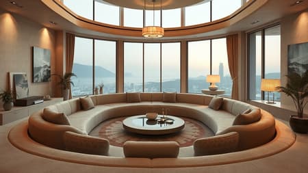 Retro-inspired 70s sunken living room featuring a conversation pit, designed with a touch of retrofuturism. The interior showcases an imaginary 3D architecture render in dreamy 8k quality. The space is characterized by a soothing neutral beige color scheme, with subtle hints of warm earth tones. The conversation pit is surrounded by plush, textured seating with organic shapes, and a low coffee table at the center accentuated by geometric patterns. Vintage lighting fixtures illuminate the space with a soft, ambient glow, while large, floor-to-ceiling windows offer an expansive view, blurring the line between indoors and outdoors, enhancing the dreamy atmosphere.