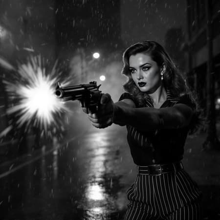 A classic black and white film noir scene unfolds, featuring a high-contrast, full-body shot of a suspenseful gunfight. In the foreground, a captivating 1940s detective woman, with long shiny hair and delicate freckles, is captured in extreme close-up as she confidently aims her Colt revolver. Her dark, reflective eyes and sophisticated makeup add to her allure. The scene is set amidst mist and fog, with wet pavement glistening under detailed, dramatic rim lighting. She's elegantly dressed in pinstripe trousers, evoking the timeless style of the era. The ambient street lights and the grainy texture of black and white photography emphasize the depth of field, while the backdrop hints at a modern-day setting with the subtle presence of contemporary silhouettes. Dust particles float in the air, adding an atmospheric touch to this gripping moment.