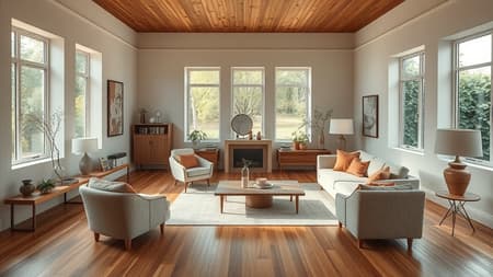 High resolution interior photography of a dreamy sunken living room conversation pit featuring an exquisite wooden floor and intimate small windows overlooking a lush garden. The space is adorned with elegant Bauhaus-inspired furniture and décor, accentuated by a high ceiling that enhances the openness of the room. The color palette blends beige, pastel blue, and soft salmon, creating a harmonious and soothing atmosphere. As if captured for an interior design magazine, the room exudes a cozy yet sophisticated charm. With an 8k level of intricate detail and photorealistic lighting, the wide-angle shot emphasizes the artistry of kinfolk photography and A+D architecture. Subtle creative touches bring an organic feel to the modern space, making it both timeless and inviting.