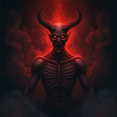 Image Demonic Figure, Art A chilling image of a formidable and fearsome demonic figure, engulfed in a menacing reddish glow, with dramatic backlighting that casts sharp shadows. Tendrils of smoke curl around its form, enhancing the eerie atmosphere. The demon's features are twisted and sinister, its eyes glowing ominously amid a dark, foreboding background. The dynamic lighting accentuates the creature's terrifying presence, creating a sense of melancholic dread.