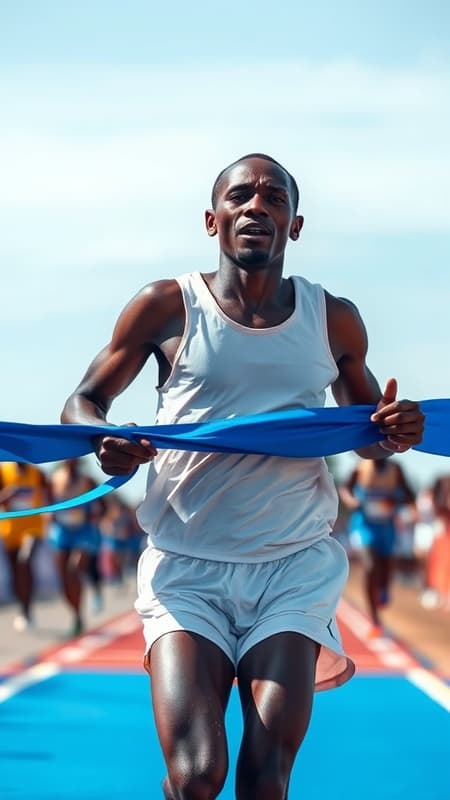 A weary black African runner, exhausted yet determined, crosses the vibrant blue finish line tape, the fabric tearing against his triumphant chest clothed in a stark white jersey, his eyes gleaming with a mixture of relief and victory beneath the vast open sky.