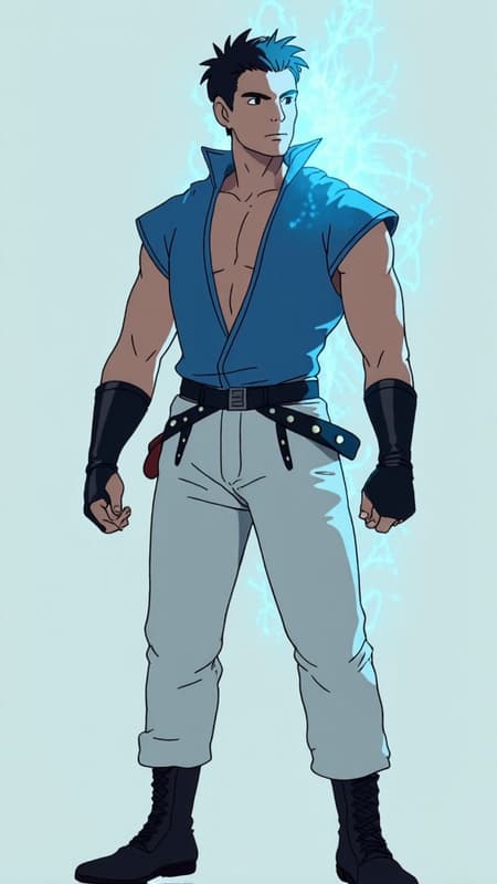 Male super-hero of Asian heritage, probably Japanese-American, ultra futuristic cyberpunk style. Tall, slim but muscular, sinewy. Short, black spiky fade hairstyle, close cut on the back and sides, longer on top. Black eyes, strong brow and jaw, high cheekbones, handsome. Clean shaven, no facial hair. Sleevless V-neck jacket, periwinkle blue in color, pointed at the shoulders. Pants are white and slightly baggy cyberpunk style, tapered at the bottoms, but roomy enough for him to fight. Black leather belt with metal studs around his waist. Short black leather bracers around his wrists. Black leather ankle length boots on his feet. 

Pale blue energy swirls around the crown of his head like an atom, constantly moving. He is a psionic with telekinesis and telepathic powers. He can move objects with his mind and attack with mental energy. Full body pose, likely using his power to levitate. 
