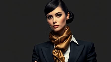 An ultimate female businesswoman captures the essence of power and sophistication. She stands confidently in an impeccably tailored black pantsuit, complemented by a crisp white shirt and a luxurious silk scarf elegantly draped around her neck. Her jet-black hair is styled into a sleek bun, perfectly framing her striking features and focused gaze. The artwork's detailed realism showcases the subtle nuances of her expression, conveying determination and intelligence. In high resolution, the intricate stitching of her suit, the texture of the silk scarf, and the subtle gleam of her patent leather shoes are vividly displayed. The art style is hyper-maximalist, merging elements of Art Deco and Art Nouveau with a modern twist. Gold leaf and metallic accents add depth and dimension, highlighting the exquisite attention to detail. This remarkable artwork provokes awe with its unique portrayal of a powerful female figure. It is an impressive masterpiece reflecting the essence of modern femininity and strength.