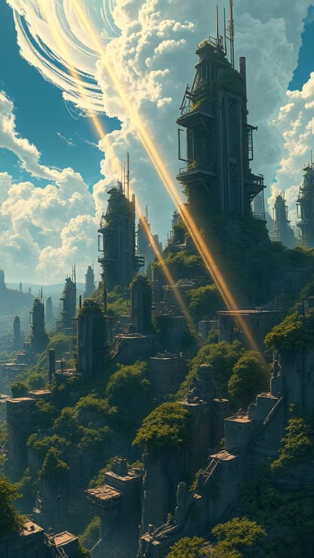 A sprawling post-apocalyptic city, remnants of a once-great civilization now intertwined with nature's resilience, stands under a vast sky reminiscent of a Horizon Zero Dawn-inspired world. Towering skyscrapers, now overgrown with lush vegetation and exotic mechanical creatures roaming freely, create an exquisite contrast between decay and life. The scene is rendered in a Final Fantasy-inspired ink style, emphasizing intricate details and dramatic shadows. Golden shafts of light pierce through the swirling clouds, casting ethereal glows and highlighting the rugged beauty of the landscape. The atmosphere is both haunting and awe-inspiring, capturing the essence of a world where the past and future collide in splendid harmony. The image is captured in stunning 8k resolution, with an aspect ratio of 3:2, amplifying the grandeur and depth of this breathtaking vision.