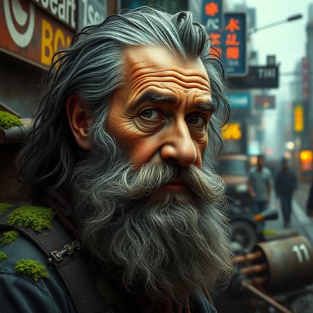 A digital painting of an elderly man with a magnificent beard interwoven with dark gray strands, set against a backdrop of a weathered urban landscape. The scene is lush with elements of algeapunk, with patches of vivid green algae creeping over rusty debris, contrasting the man's vibrant yet aged face. The photorealism of bustling city life is captured in exquisite detail, with encroaching soft-focus elements lending a dreamlike quality. The atmosphere is alive with flickering lights, and the man's expressive eyes convey wisdom and a lifetime of stories within the busy tapestry, blending seamlessly into this vibrant urban portrait.