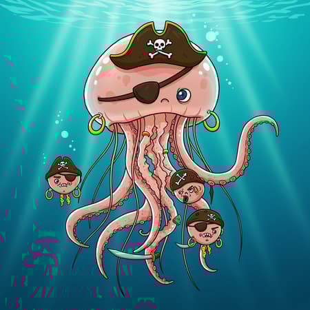 A whimsical character design of an anthropomorphic jellyfish pirate, featuring multiple heads and tentacles adorned with pirate hats, eyepatches, and earrings, set against a backlit ocean scene. The composition captures light rays filtering through the water, creating a glowing effect around the jellyfish's translucent body. The artwork showcases expressive, cartoonish features with exaggerated proportions and vibrant colors, emphasizing the pirate's mischievous personality. The vector art style offers crisp, clean lines and intricate details, making the character stand out in a dynamic, distorted pose that's both adventurous and endearing, trending on ArtStation.