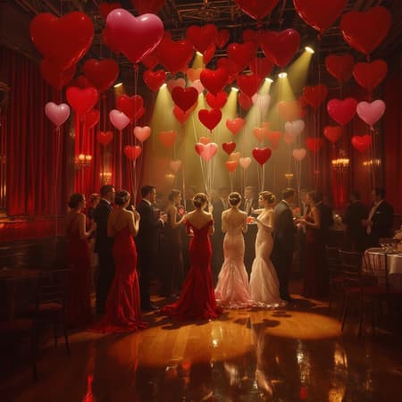 1920s Valentine's Day Artwork A glamorous 1920s Valentine's Day celebration in a vibrant jazz club, with heart-shaped balloons floating on the ceiling. The scene unfolds in exquisite digital art, capturing a vintage atmosphere under soft background blur and dramatic spotlights. The setting is enriched by volumetric lighting, intense focus, and symmetrical faces reminiscent of iconic Hollywood stars like James Dean, Audrey Hepburn, Humphrey Bogart, and Marilyn Monroe. The painting exhibits majestic oil techniques inspired by artists such as Ed Binkley, Atey Ghailan, Studio Ghibli, Jeremy Mann, Gregory Manchess, and Antonio Moro, gaining popularity on ArtStation and CGSociety. The composition is intricate, showcasing high detail with a focus on photorealistic and dramatic aesthetics, avoiding common pitfalls like distorted anatomy or disfigured features, ultimately creating a seamless and captivating visual narrative drenched in mid-century charm.