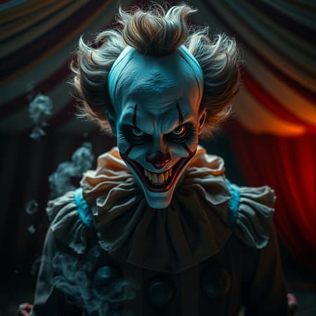Hyper-detailed, Breathtaking Masterpiece Art Hyper-detailed, breathtaking masterpiece photography featuring a sinister clown with an infernal, malevolent soul. The clown's face, painted with exaggerated features, reveals a disturbing grin that hints at its nefarious nature. Its eyes, unnaturally vivid and ice-cold, pierce through the scene with a haunting, otherworldly glow. The costume, a tapestry of vivid colors, is frayed and tattered, adding to the eerie ambiance. Shadows dance around the figure, as if alive, while a faint, ominous mist swirls at its feet. The setting, an abandoned circus tent, is dimly lit, amplifying the chilling and foreboding atmosphere surrounding the sinister entity.
