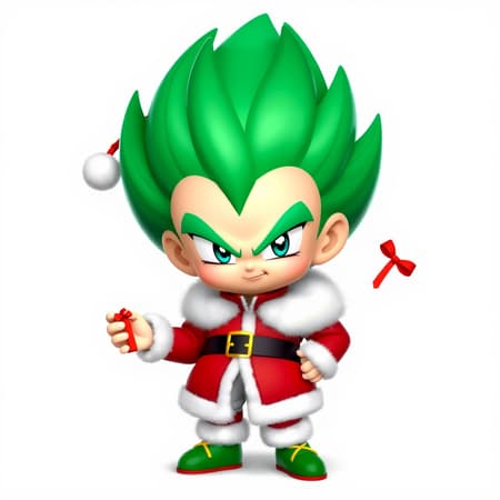 Chibi-style 3D character of Vegeta dressed in a festive Christmas outfit, complete with a Santa hat, a red and white fur-trimmed jacket, and green elf shoes, all while holding a small gift in one hand with a cheeky yet fierce expression.