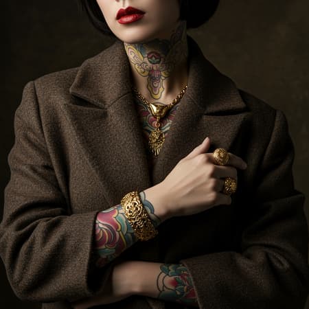 Elegant Japanese woman in luxurious, high-end fashion featuring a sophisticated coat and exquisite gold jewelry, intricate tattoo details, embodying wealth and luxury, portrayed with hyperrealistic and photorealistic style in stunning 8k resolution, enhanced with an expressive and vivid artistic touch, capturing a refined and opulent essence.