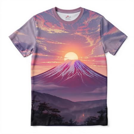 A stunning view of Mount Fuji at sunrise, reminiscent of Makoto Shinkai's style with a nod to Studio Ghibli's artistry, featuring a wondrous sky inspired by "Your Name." Trending on ArtStation and enhanced with volumetric lighting, this masterpiece captures the ethereal beauty of dawn. Crafted for a t-shirt design, the graphic includes vector elements and contours set against a clean white background.