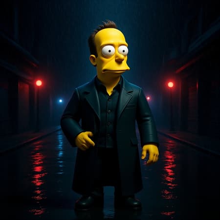 3D cartoon Homer Simpson standing on a deserted street in a dark, rainy dystopian city. Neon lights flicker in the background, casting vivid reflections on the wet ground. The atmosphere is cinematic and moody, reminiscent of Blade Runner's aesthetic, with deep shadows adding intensity. Homer wears a futuristic trench coat, his expression a mix of curiosity and awe. Rain pours down, each droplet hyper-realistically detailed in ultra 4K, emphasizing the hyper-realistic rendering of this surreal and evocative scene.
