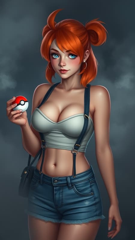 A depiction of a young woman resembling Misty from Pokémon, holding a Pokéball, surrounded by a mysterious fog. She wears low-waisted jean shorts and a snug tank top with suspenders, accentuating her busty figure. Her vibrant orange hair is styled in a playful manner, complementing her lively appearance. A depiction of a young woman resembling Misty from Pokémon, holding a Pokéball, surrounded by a mysterious fog. She wears low-waisted jean shorts and a snug tank top with suspenders, accentuating her busty figure. Her vibrant orange hair is styled in a playful manner, complementing her lively appearance.
