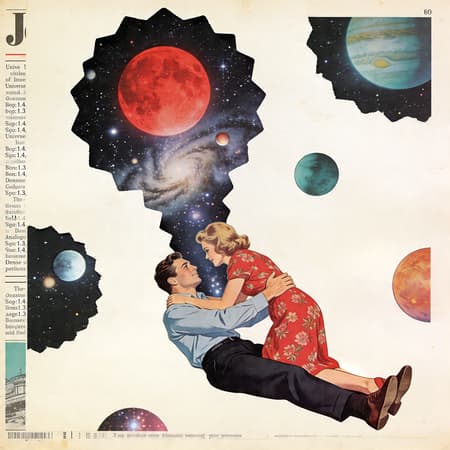 surreal retro collage illustration, 1960s magazine cutout style, a man lying on his back holding a woman leaning over him, romantic embrace pose, man wearing light blue shirt and dark pants, woman wearing red floral patterned dress, bodies positioned diagonally across frame, clean cream-colored paper background
their upper bodies dissolve into a cosmic void, double exposure effect, inside their silhouette is deep outer space, starfield, nebula clouds, glowing dust, multiple planets of different sizes floating, large red planet dominating top center, smaller planets scattered, galaxy textures, cosmic depth
sharp cutout edges around figures, visible paper edges, analog collage composition, mismatched layering, surreal negative space, the universe shape replacing their heads and upper torsos
vintage print texture, halftone dots, ink grain, faded colors, slight misregistration, aged paper tone, muted palette with pops of red and teal, soft contrast, lithograph print look
dreamlike, psychedelic, romantic surrealism, mid-century sci-fi illustration, highly detailed, balanced composition, artistic negative space, not photorealistic, painterly + print hybrid
paper texture, aged print, retro color grading, faded ink, screen print effect, magazine cutout edges, analog imperfections, mid-century illustration, retro advertisement art style, collage style, in the style of joe-webb
(cutout collage:1.3), (double exposure silhouette:1.4), (cosmic interior inside body:1.4)
(paper cutout edges:1.3), (analog collage:1.3), (cosmic interior glowing:1.3), (dense starfield:1.2)
