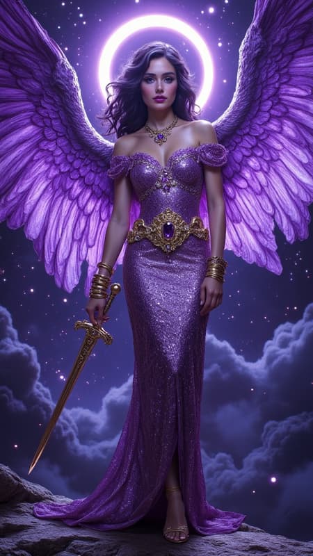 They say that purple stars don't exist in space, or that we can't see the light they emit...but they do, and there is an Angel that resides over them. She is a beautiful Angel with huge wings with Violet, purple, magenta, amethyst, lilac and magenta wings. She appears as a feminine Caucasian woman-- tall, statuesque, strong, slender but athletic. Her hair is black with streaks of purple throughout, swept back on one side, curly Bangs swept to one side with long loose curls falling over her shoulders. Her eyes are bright Violet and shine like jewels, her lips magenta, her face modelesque and pretty.  There is a glowing bright Violet halo over her head. She wears a shiny metallic long sleeved off the shoulder gown, the sleeves lacey and delicate. She wears a gold necklace around her neck with an amethyst stone pendant. Gold bracelets on her wrists, and a metallic gold belt with amethyst stones around her waist. The bottom part of her gown is flowing gently, she wears golden high heeled sandals on her feet. She stands on the edge of a galaxy, and there are purple stars where she resides. She carries a golden jeweled sword that vanquishes evil and darkness. She is God's Angel of mystery and all things unkown. Full body pose. They say that purple stars don't exist, but SHE DOES... 
