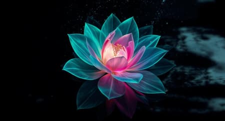 An abstract flower with translucent petals that glow in neon teal and hot pink, suspended in dark water where faint ripples catch the light, and microscopic particles drift like stars around it.


